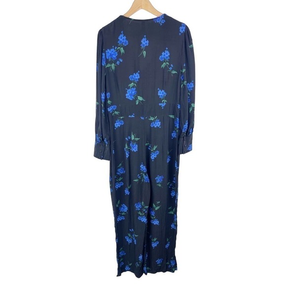 Nobody's Child Button Front Tea Jumpsuit Black Blue Floral Viscose Women's US 12 - Picture 3 of 14